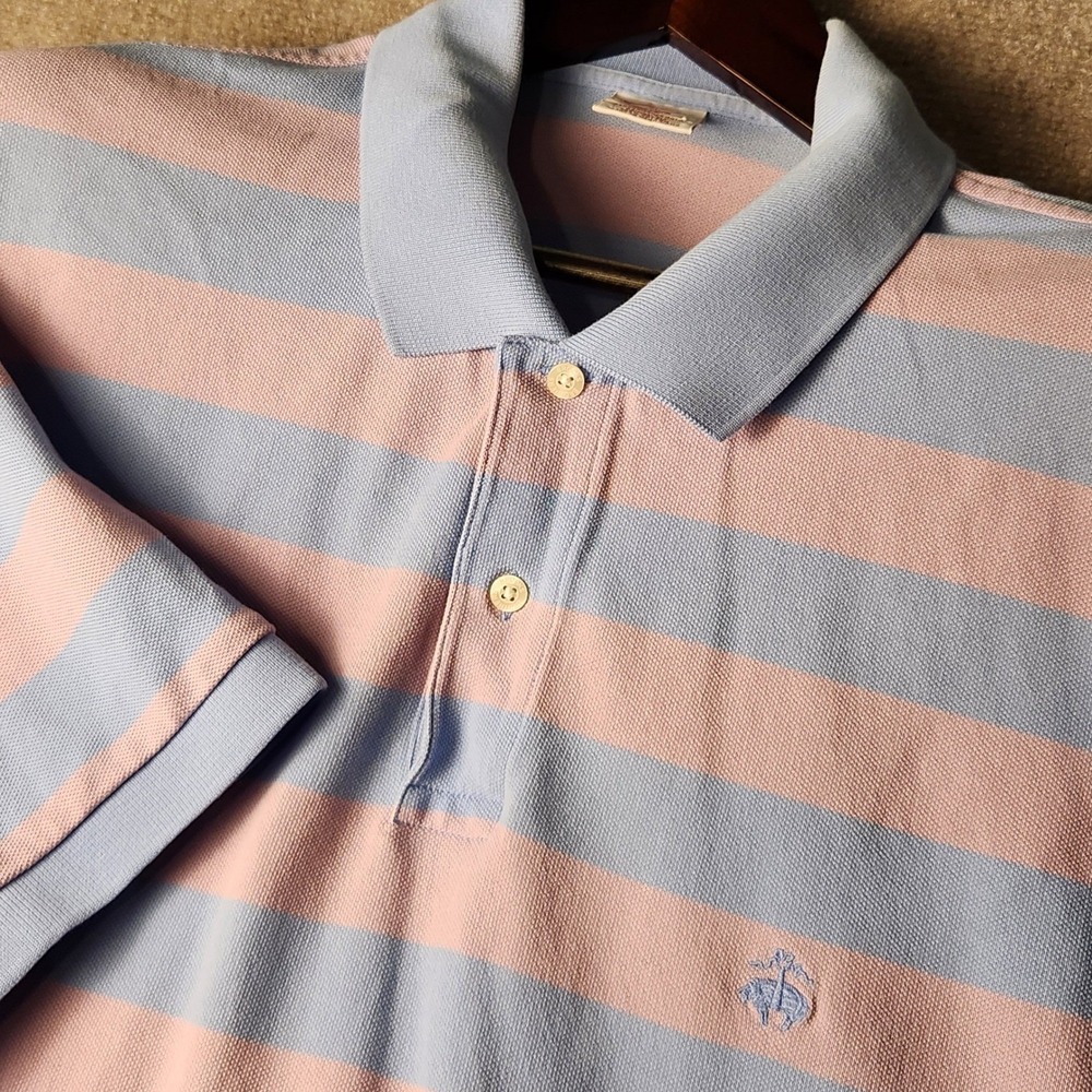 Brooks Brothers Polo Shirt Mens Large Pink Blue Stripe Short Sleeve Classic Fit